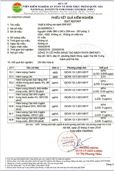 Phiếu kết quả xét nghiệp sản phẩm