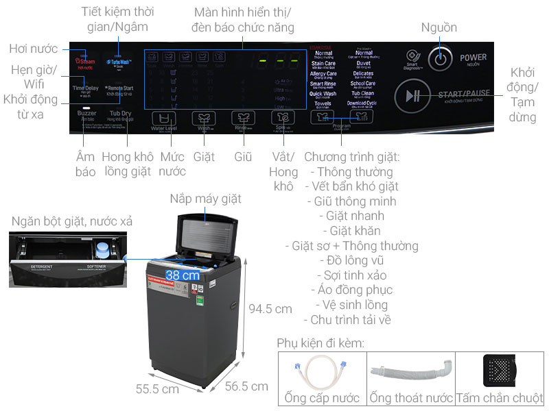 Chi tiết cấu tạo máy giặt lồng đứng cửa trên LG