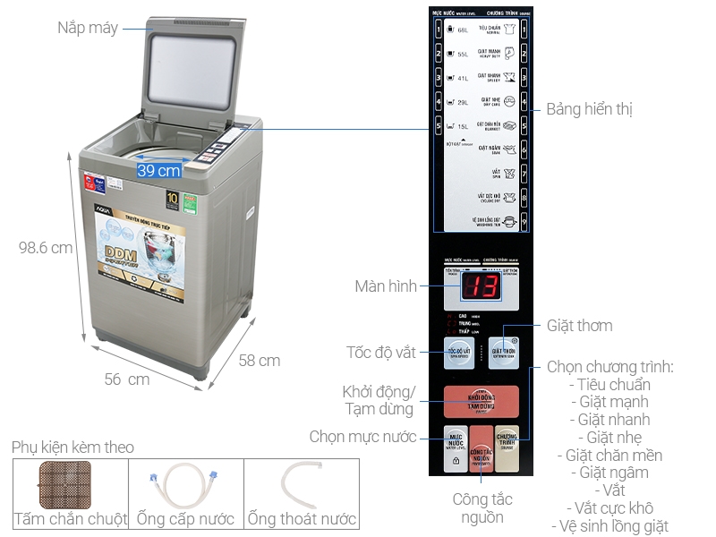 Chi tiết cấu tạo của máy giặt AQW-DK90CT 