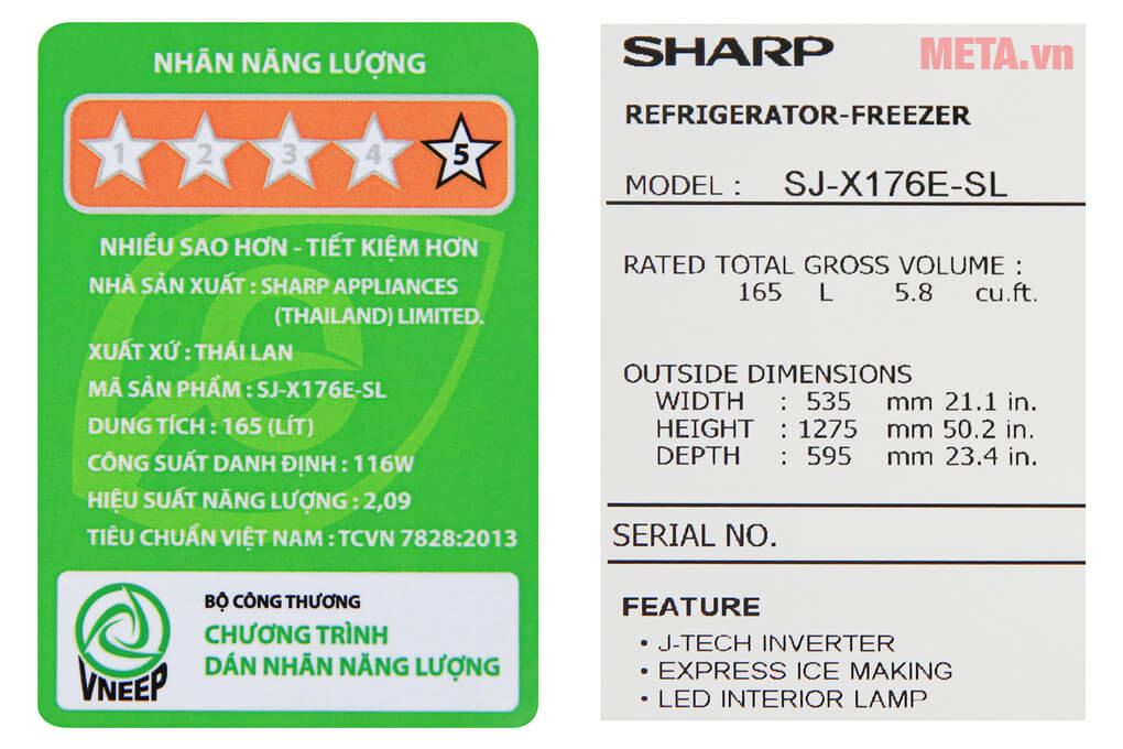Tủ lạnh 2 cánh Inverter Sharp SJ-X176E-SL - 165 lít