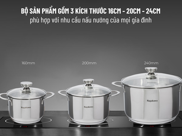 Bộ nồi Nagakawa NAG1351 gồm 3 chiếc nồi có 3 kích thước khác nhau