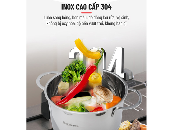 Ba nồi inox NAG1351 của Nagakawa đều được làm hoàn toàn từ chất liệu inox 304 cao cấp