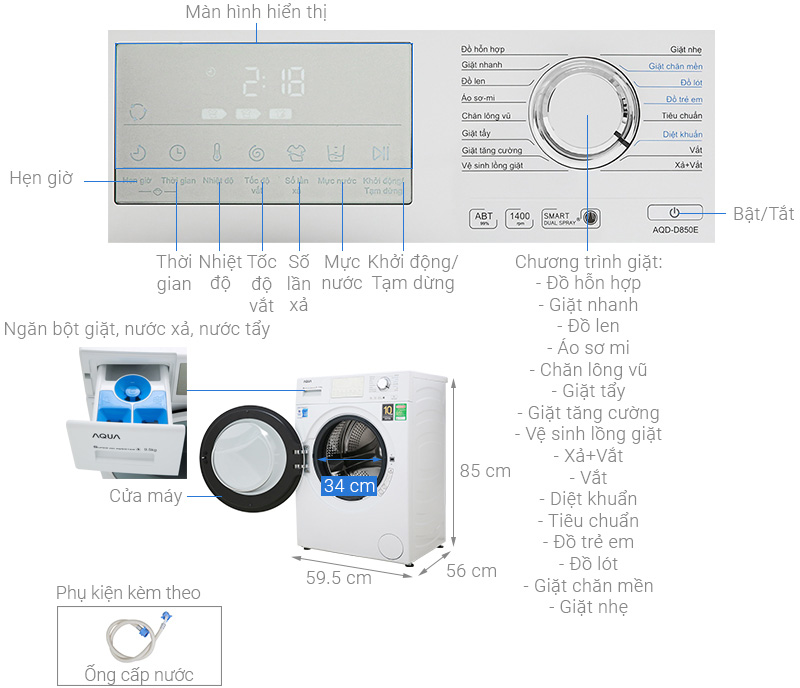 Máy giặt lồng ngang Aqua AQD-D850E.W