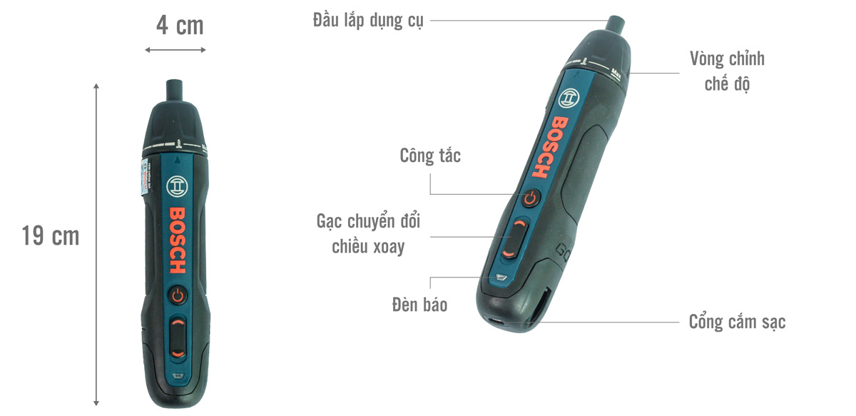 Cấu tạo và kích thước của Máy vặn vít Bosch Go Gen 2 3.6V