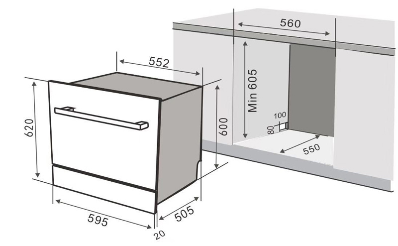 Kích thước lắp đặt máy rửa chén KF-BISMS8