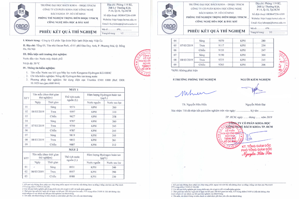 Kết quả thử nghiệm máy lọc nước Kangaroo