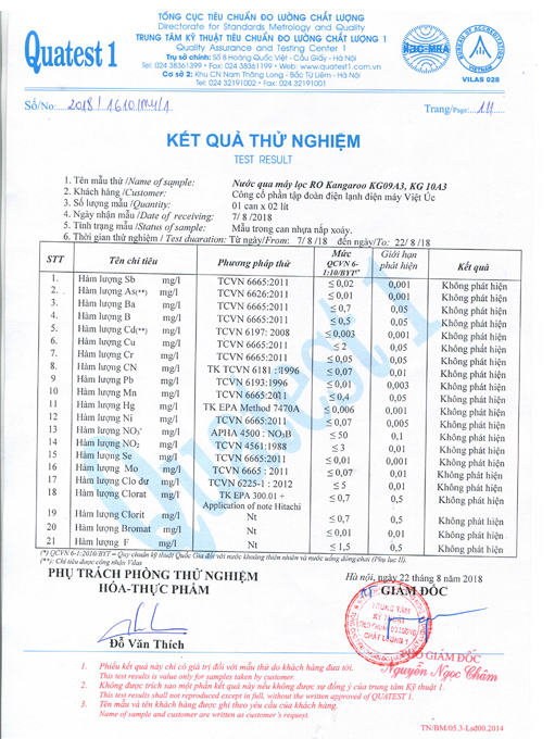 Kết quả thử nghiệm máy lọc nước Kangaroo