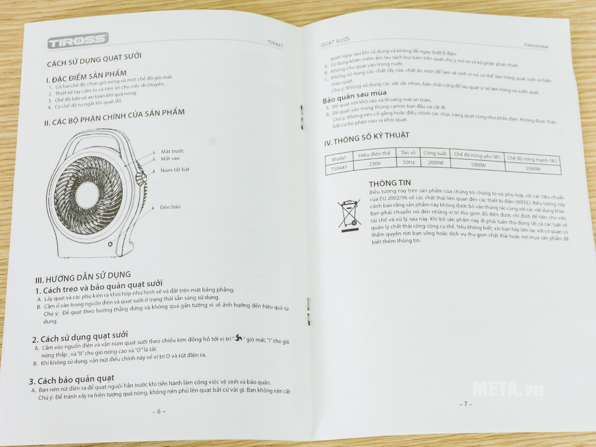 Sách hướng dẫn chi tiết sử dụng quạt sưởi 2 chiều Tiross TS9411