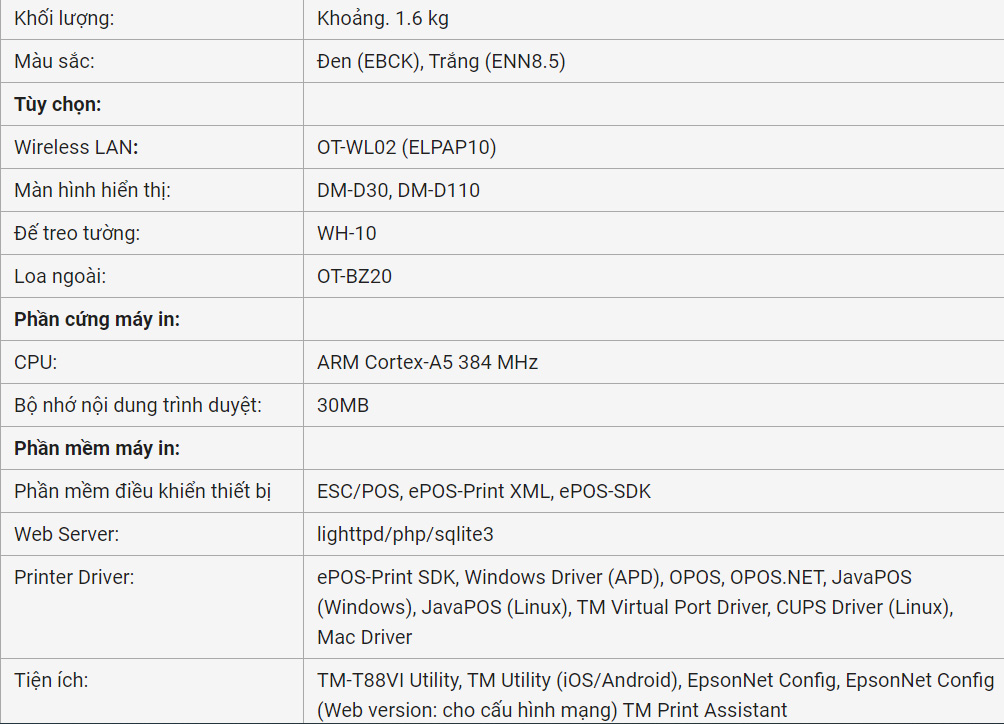 Thông số kỹ thuật của máy in
