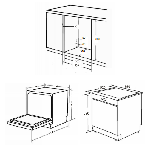 Kích thước lắp đặt máy rửa bát Fujishan FJVN08-S07F