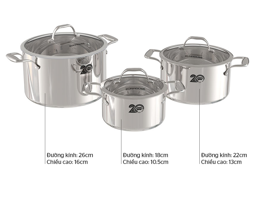 Bộ nồi inox 304 đa lớp Sunhouse Mama SHG2020