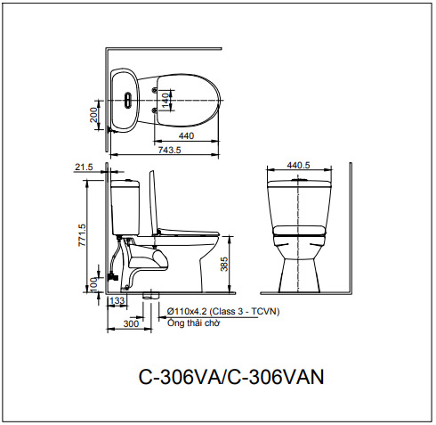 Bản vẽ bồn cầu C-306VA/BW1