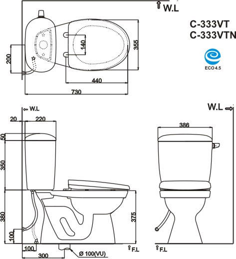 Bản vẽ bồn cầu C-333VTN/BW1