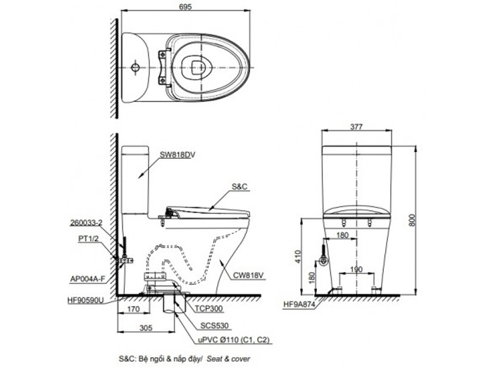 Bản vẽ kỹ thuật xí bệt Toto CS818DT8