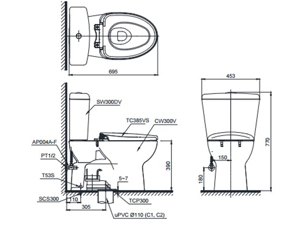 Bản vẽ kỹ thuật bồn cầu CS300DRT3