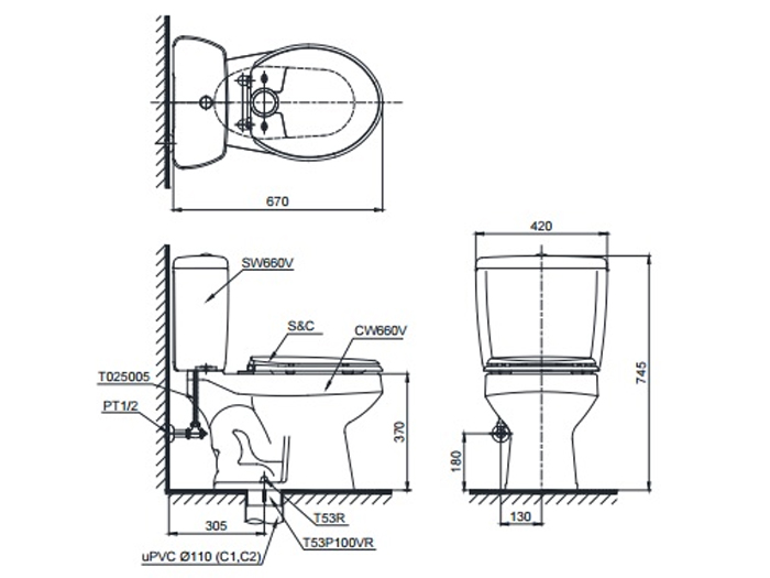 Kích thước bồn cầu Toto CS660DT1Y1 