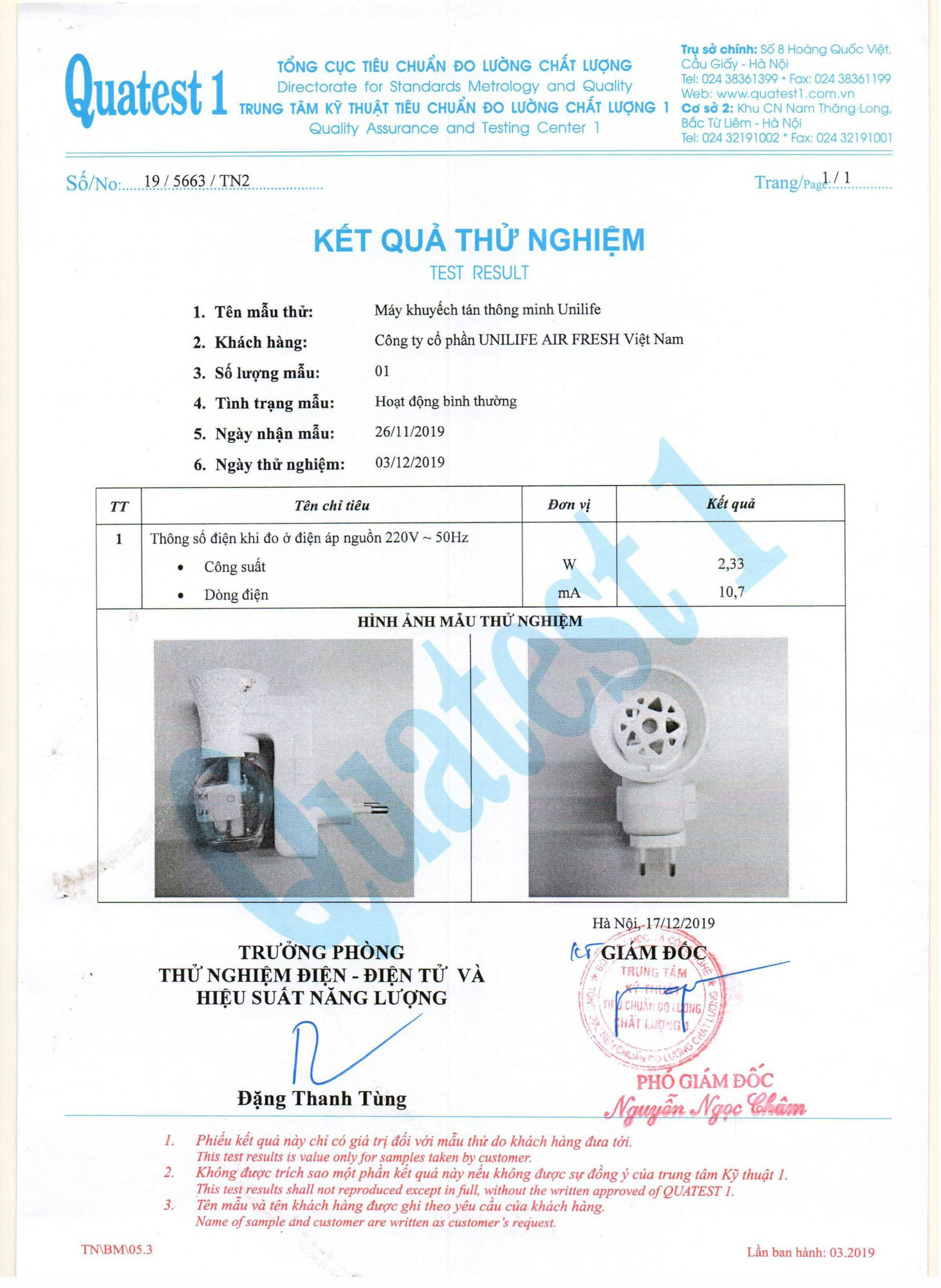 Kết quả thử nghiệm máy khuếch tán