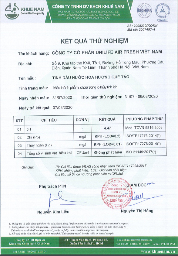 Kết quả thử nghiệm tinh dầu nước hoa hương quế táo