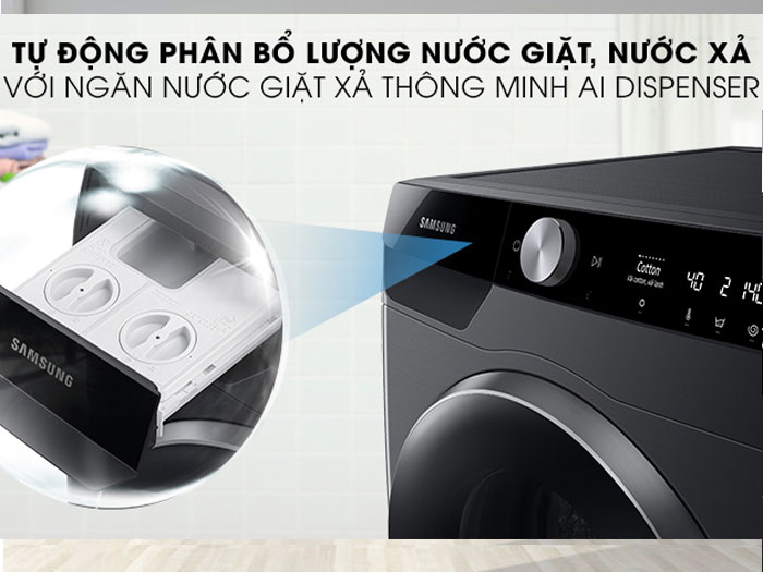 Máy giặt Samsung WW90TP44DSB/SV được trang bị ngăn nước giặt xả AI Dispenser có khả năng phân bổ chính xác lượng nước giặt và nước xả cần thiết