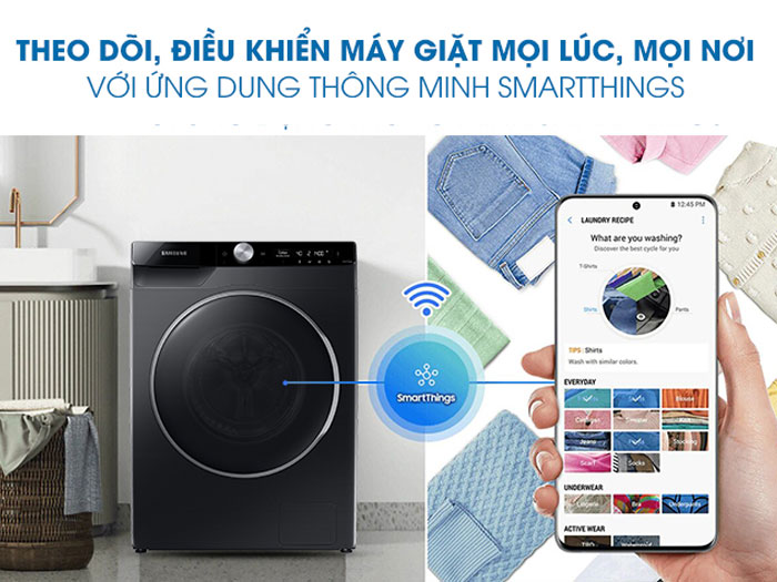 Máy giặt Inverter Samsung WW90TP44DSB/SV có thể kết nối với các thiết bị thông minh như smartphone