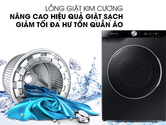 Lồng giặt Samsung 90TP44DSB có thiết kế dạng kim cương giúp làm sạch quần áo hiệu quả mà vẫn bảo vệ quần áo