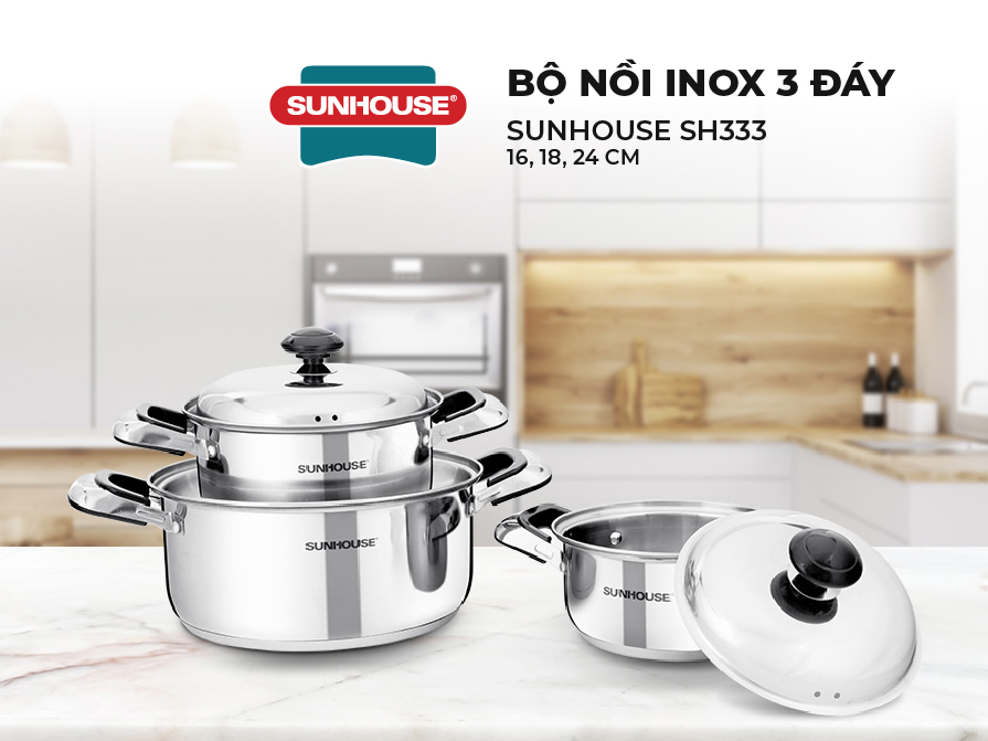 Bộ 3 nồi inox 3 đáy Sunhouse SH333 được làm từ inox cao cấp 