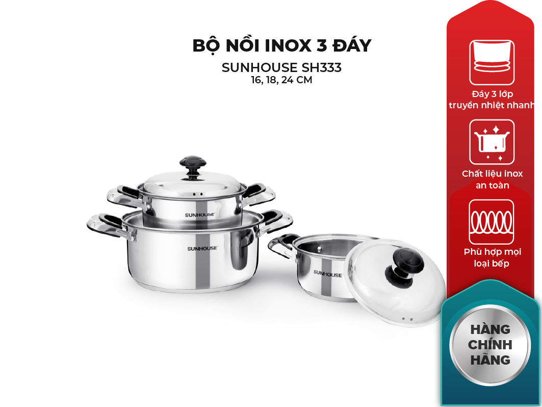 Hình ảnh bộ 3 nồi inox 3 đáy Sunhouse SH333