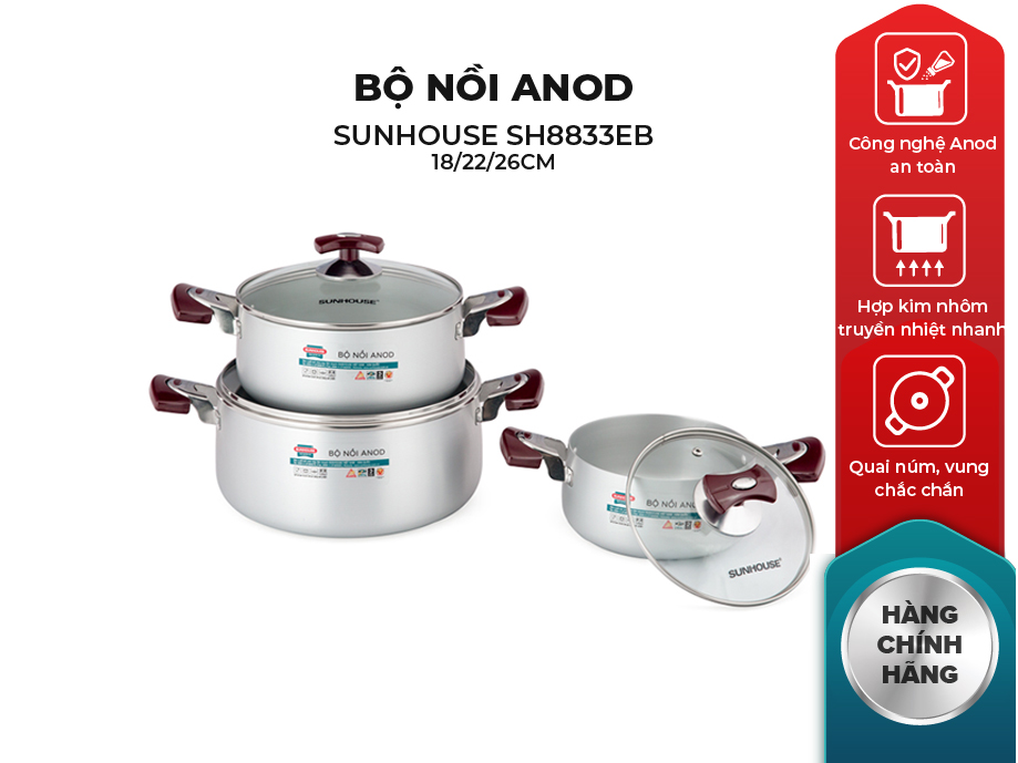 Bộ nồi anod Sunhouse SH8833EB được thiết kế với kiểu dáng sang trọng, hiện đại 