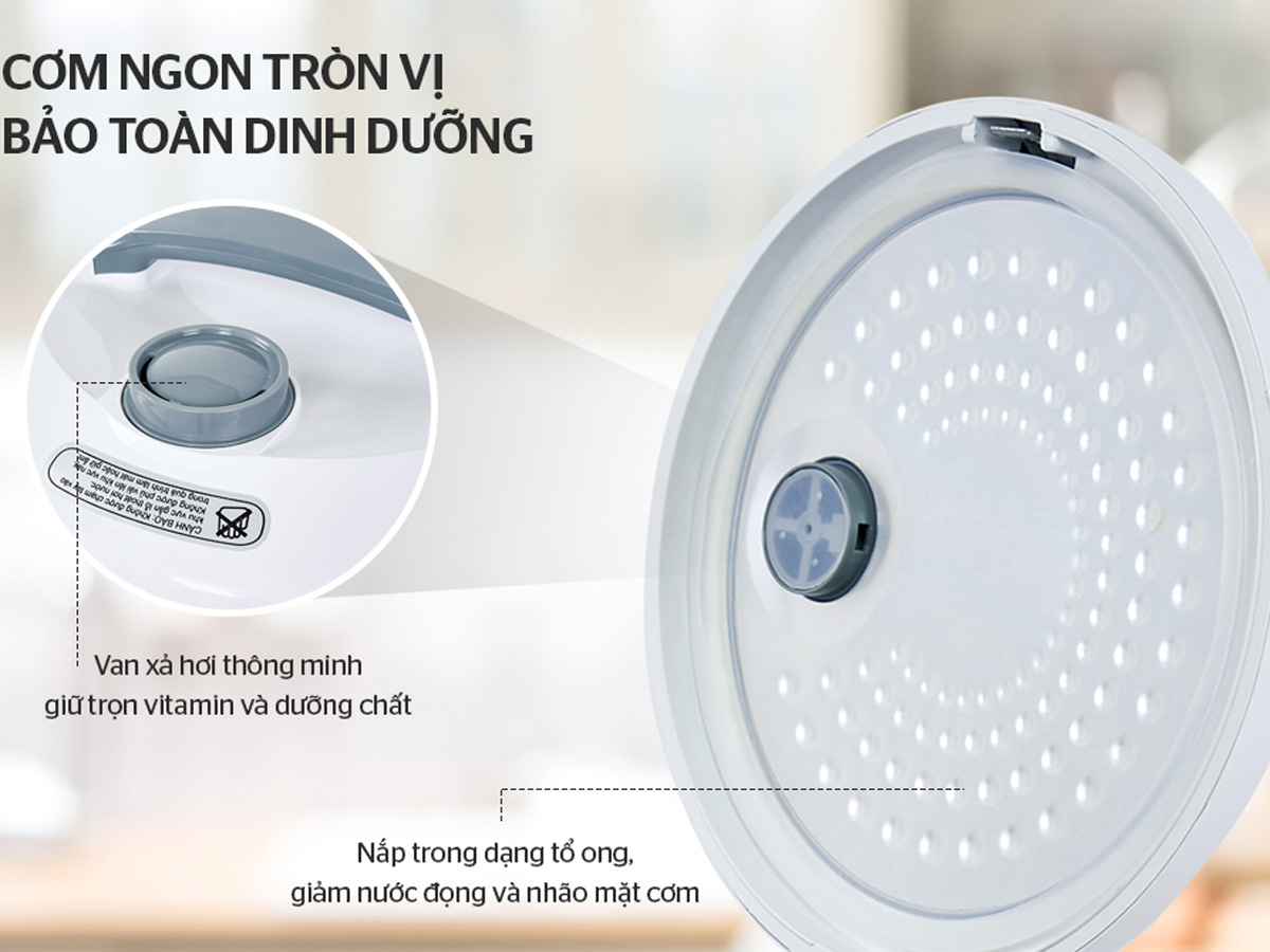 Nồi cơm SHD8602 của Sunhouse được trang bị van xả hơi thông minh và nắp trong có thiết kế tổ ong