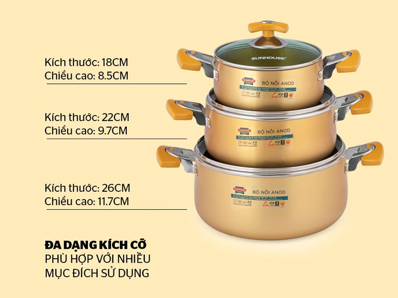 bộ nồi Anod 3 chiếc màu vàng SH8834