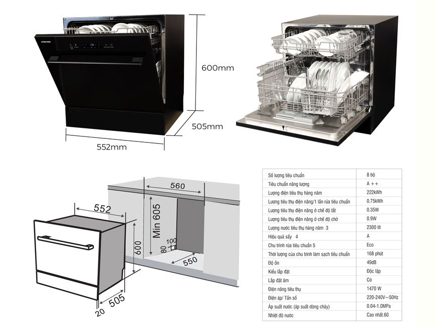 Kích thước lắp đặt âm tủ cho máy Kocher KDEU8839