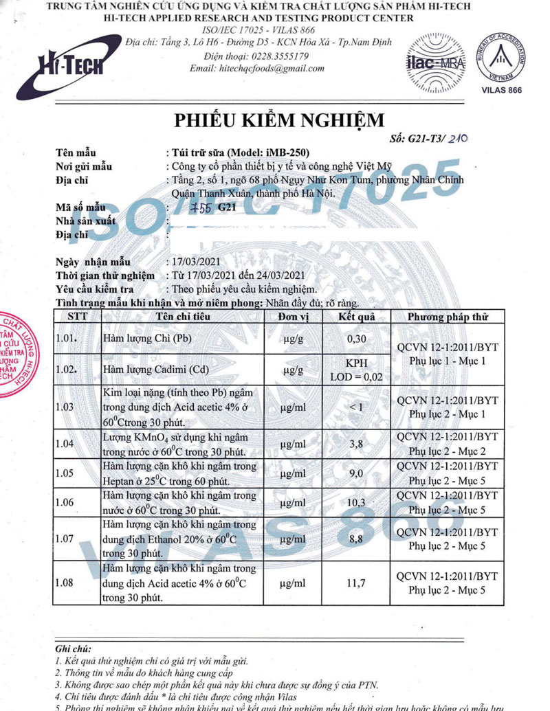 Phiếu kiểm nghiệm túi trữ sữa Imedicare IMB-250