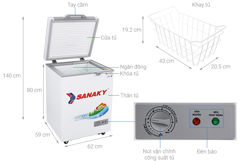 Cấu tạo và kích thước tủ đông Sanaky VH-1599HYK