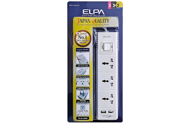 Ổ cắm điện ELPA ESU-VNC33 (3 ổ điện, 1 công tắc, 3m, 2xUSB)