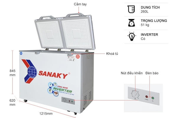 Cấu tạo của tủ đông Sanaky 2 ngăn đông và mát VH-3699W4K (260L, nắp kính xám)