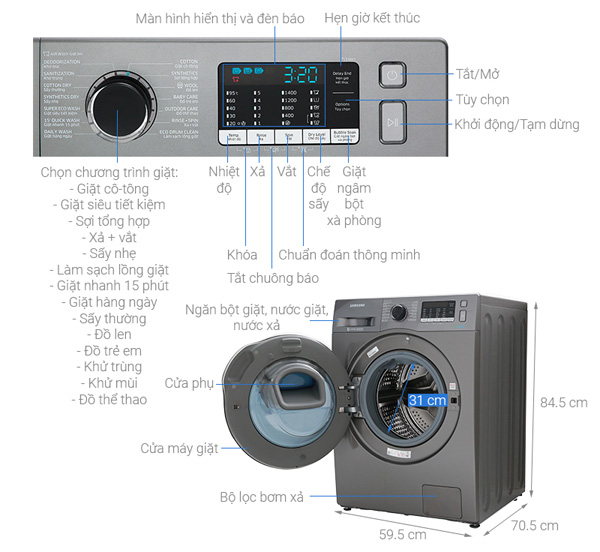 Máy giặt sấy Samsung inverter WD95K5410OX/SV (9.5 kg, mẫu 2019)