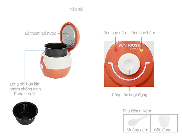 Nồi cơm điện 1 lít Sunhouse MAMA SHD8220WO có thiết kế tiện lợi 