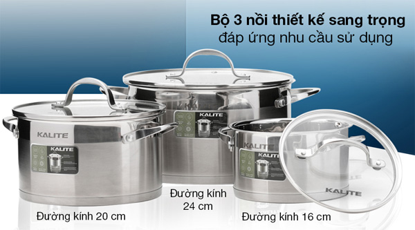 Bộ nồi inox Kalite KL-333 gồm 3 nồi có kích thước khác nhau