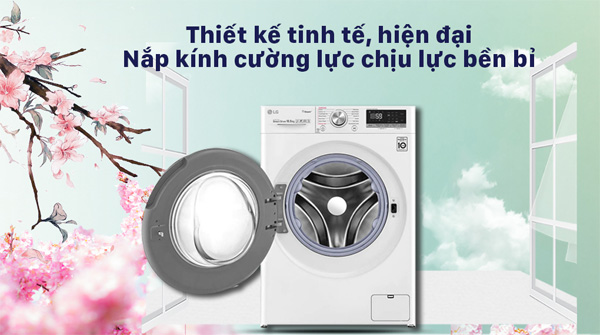 Máy giặt LG Inverter FV1450S3W2 thiết kế cửa trước hiện đại với gam màu trắng đơn giản, hiện đại