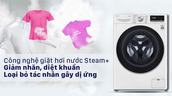 máy giặt cửa trước LG FV1450S3W2 còn được tích hợp công nghệ giặt hơi nước Steam+