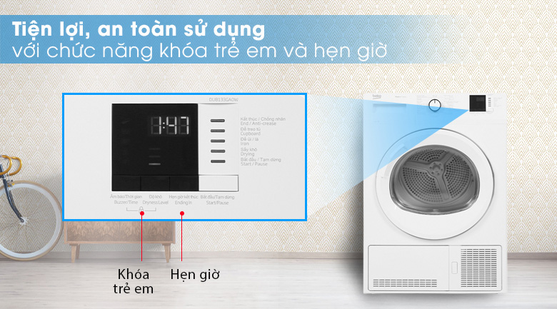 Máy sấy quần áo Beko 8kg DU8133GA0W có nhiều tiện ích như khóa trẻ em thông minh, an toàn