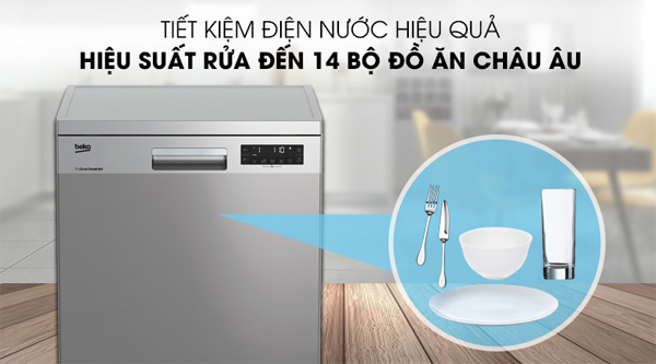 Máy rửa bát độc lập 14 bộ có sấy Beko DFN28422X (9 chương trình rửa)