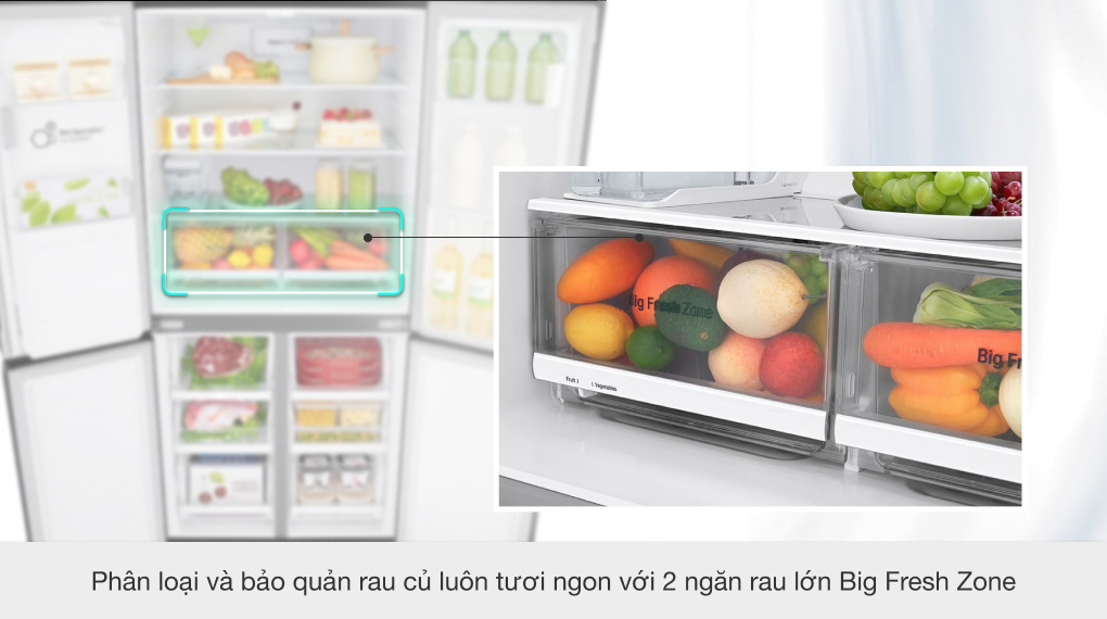 Tủ lạnh LG 4 cánh GR-D22MB còn có 2 ngăn cân bằng độ ẩm đựng rau lớn Big Fresh Zone