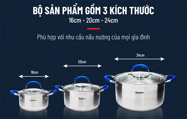 Nagakawa NAG1302 gồm 3 nồi có kích thước khác nhau