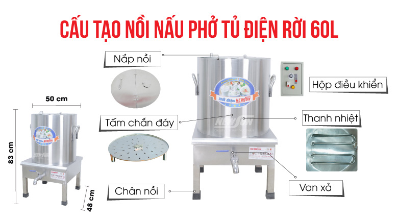 Cấu tạo nồi nấu phở tủ điện rời 60 lít