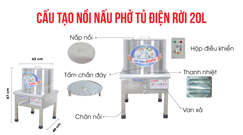 Nồi nấu bánh phở với dung tích 20 lít, phù hợp chủ tiệm bún/phở trung bình và nhỏ