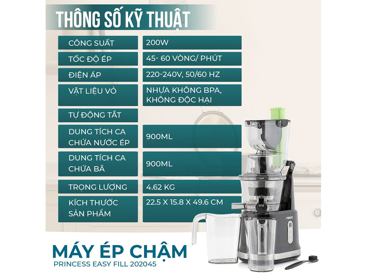 Thông số kỹ thuật Máy ép chậm Princess Easy Fill