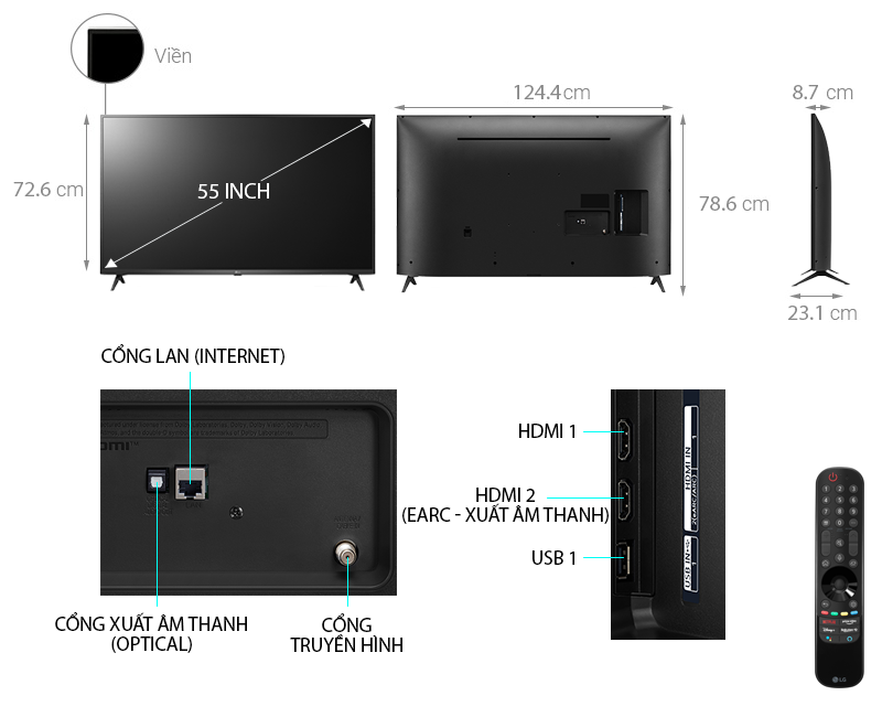 Kích thước Smart Tivi LG 4K 55 inch 55UP7550PTC ThinQ AI