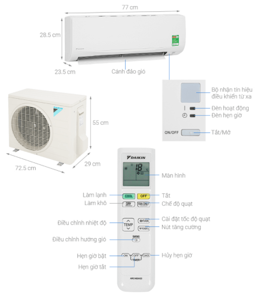 Cấu tạo chi tiết điều hòa Daikin 1 chiều 12000BTU FTF35UV1V (model 2020)