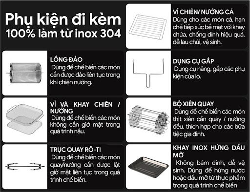 Bộ phụ kiện đa dạng, phong phú, chất liệu an toàn với sức khỏe